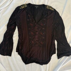 415 Lucky Brand Black Burgundy Embroidered Blouse Boho Medium Top
